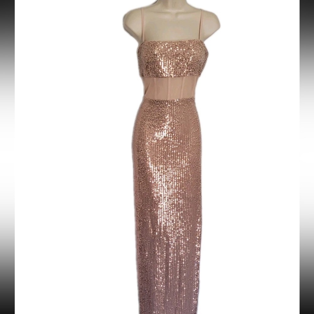 BCBGMaxAzria Rose Gold Sequin Maxi Dress mesh insets